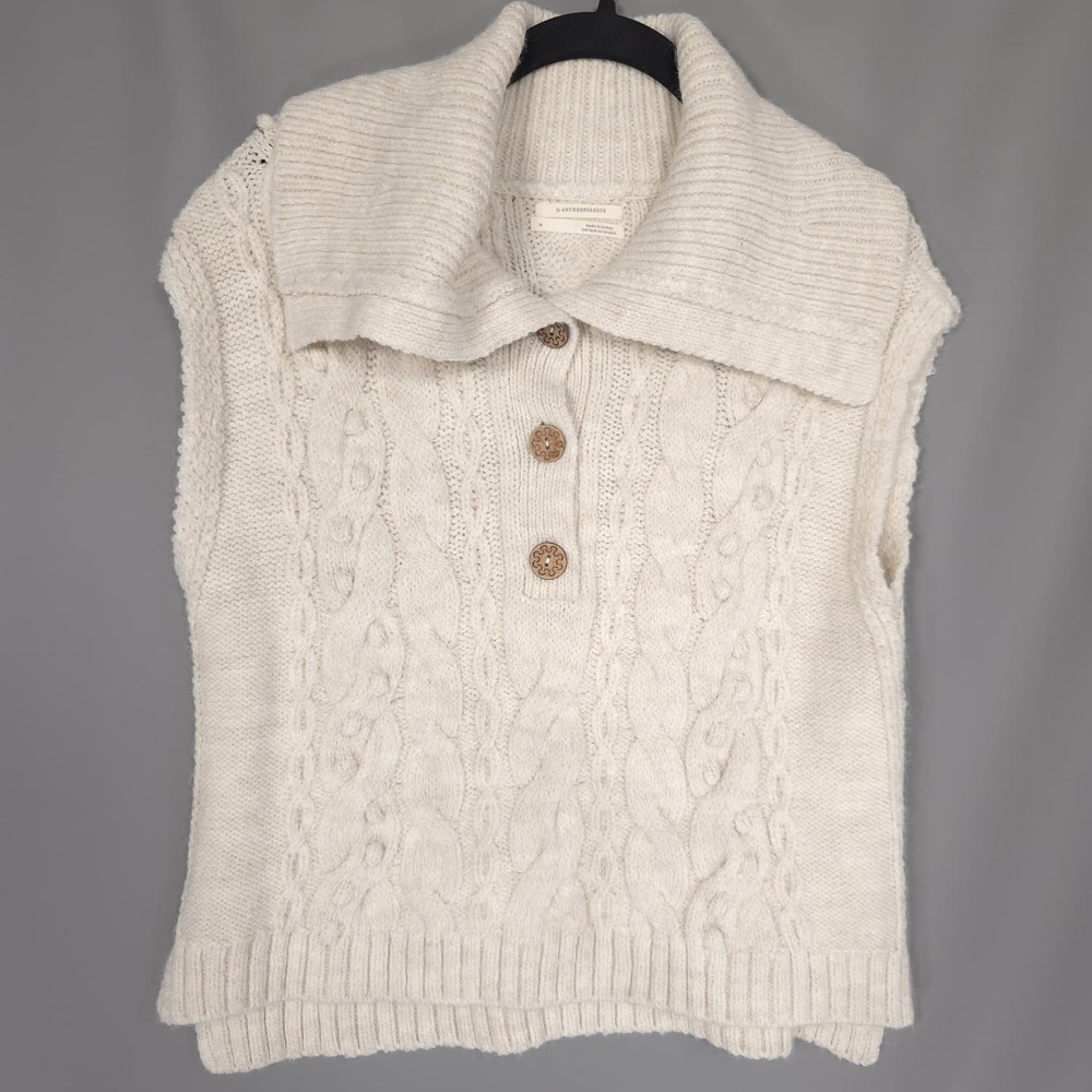 ANTHROPOLOGIE Cable Knit Sweater Vest‎ MEDIUM Ivory Button Mock Neck Turkey - Picture 8 of 9